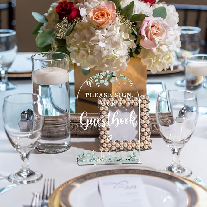 Acrylic Wedding Sign Please Sign Our Guestbook Signs for Ceremony Modern Calligraphy Arch Acrylic Table Top Signs for Wedding Reception and Event Party Table Decor (Eucalyptus Leaves)