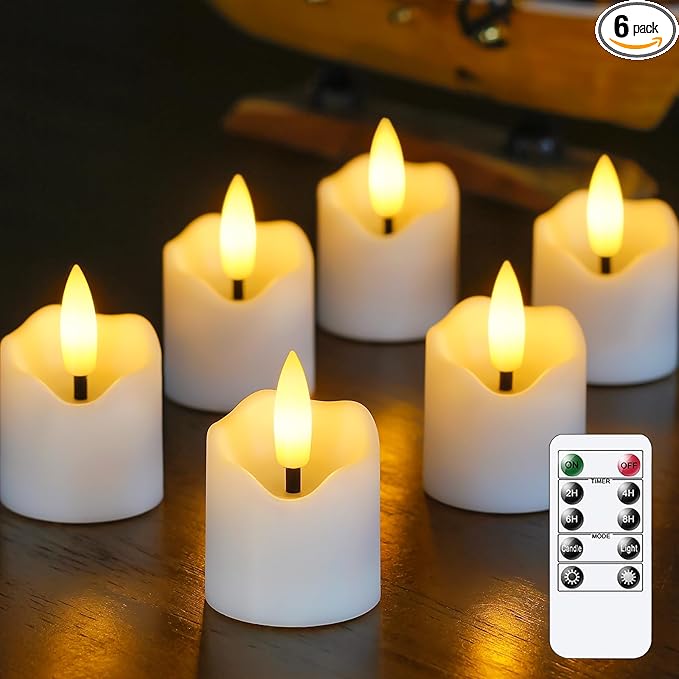 6 Pack Battery Operated Auto Daily Timer White Plastic LED Flameless Votive Candles, Long Runtime 1.6" x2.3" Flickering Tealight Candles with Remote Control