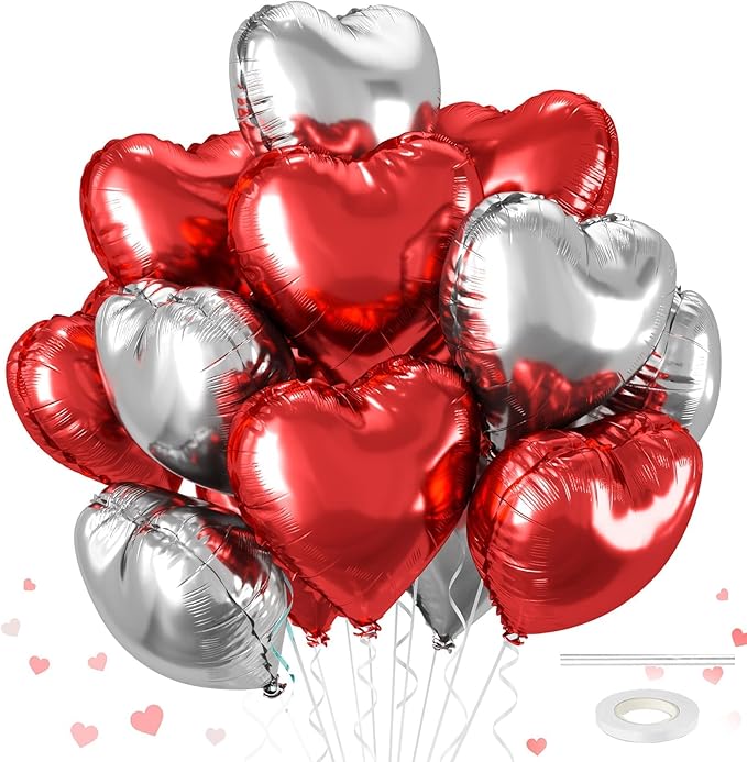 12 Pcs Heart Balloons, 18 inch Valentine's Day Heart Shaped Balloons, Red Silver Foil Helium Balloon, Love Foil Balloon for Valentine's Day Wedding Baby Shower Party Decorations