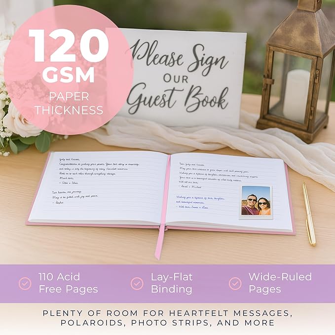 Promot Personalized Guestbook for Party (Pastel Pink) - 110 Lined Pages in Wood-Free Vegan Leather Hard Cover - Wedding Guest Book Sign in and Photos, Baby Shower, Birthday or Graduation