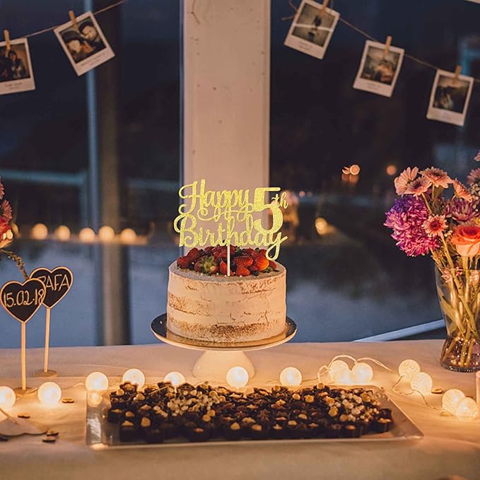 1 PCS Happy 5th Birthday Cake Topper - Gold Glitter Cheers to 5 Years - Fabulous Cake Decoration for 5th Birthday Theme Party