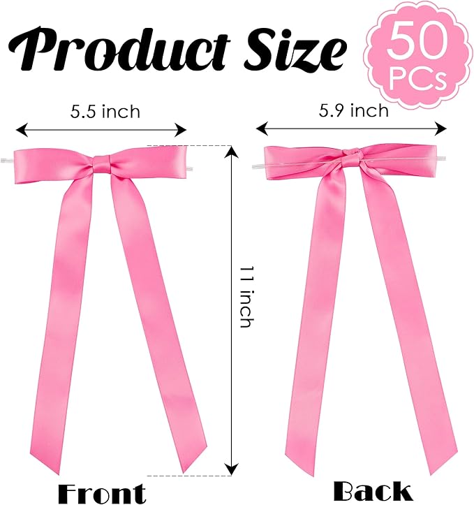 50 PCs Hot Pink Bow Decor 5.5'' Satin Bows with Long Tail, Twist Tie Bows for Craft, Packaging Ribbon Bows, Premade Bows for Cake Decorating, Gift Bows for Treat, Wedding Favor, Party