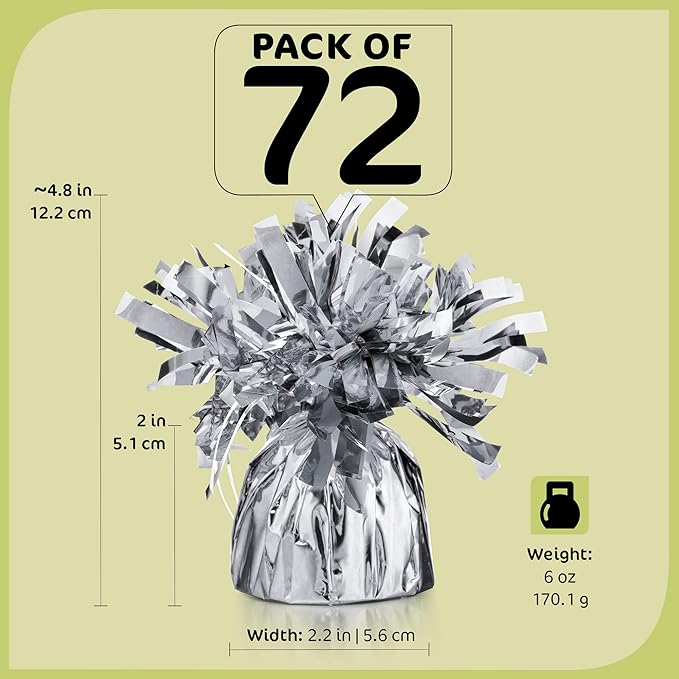 Silver Balloon Weights - Bulk Pack of 72 Heavy Metallic Foil Anchor Weights for Helium Balloons - 4.8'' Base for Bouquet Table Centerpieces & Cluster Floor Party Decorations