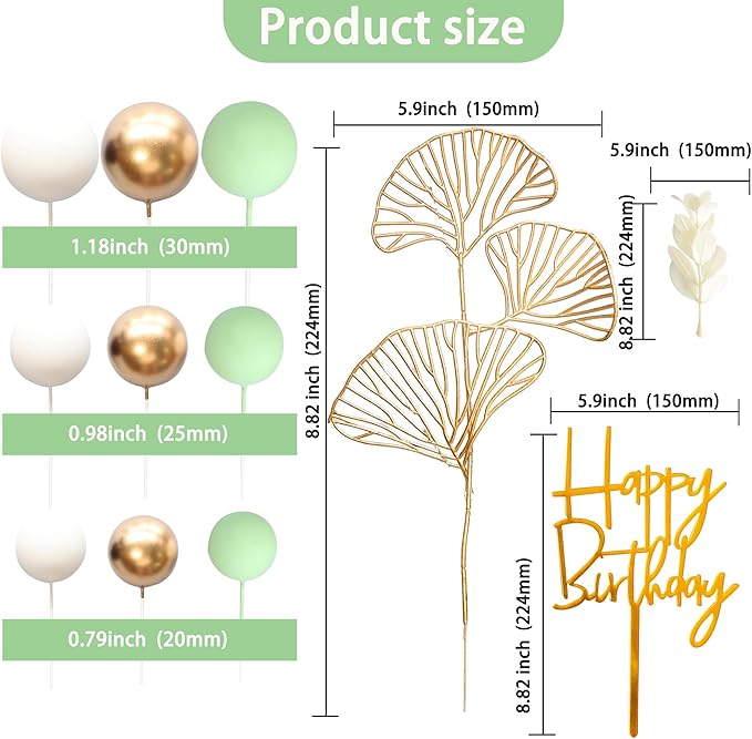 Gyufise 57Pcs Balls Cake Topper Boho Grass Cake topper Pearl Balls Acrylic Happy Birthday Cake Decorations for Wedding Baby Shower Birthday Boho Themed Party Supplies Green