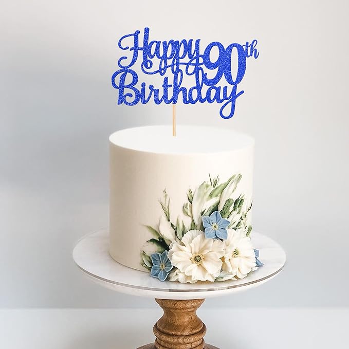 1 PCS Happy 90th Birthday Cake Topper Glitter Cheers to 90 Years Birthday Cake Pick Ninety 90 Fabulous Cake Decoration for Happy 90th Birthday Theme Party Decorations Supplies Blue