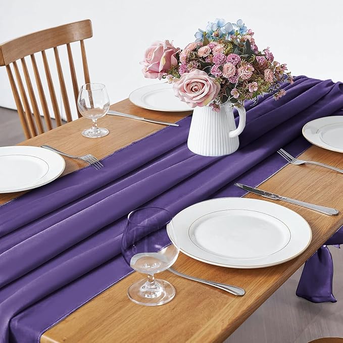 5 Pack 10Ft Chiffon Purple Table Runner Sheer 29x120 Inch for Romantic Wedding Decor Bridal & Baby Shower Birthday Rustic Party Decoration