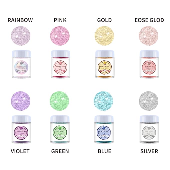 Edible Luster Dust 8 Colors Set - Edible Glitter for Cocktails, Rainbow Food Grade Powder Glitter for Drinks, Chocolate, Cake Decorating | Vegan, Sugar-Free, Gluten-Free -3g