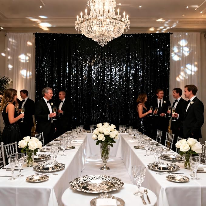 VOK Black Sequin Backdrop Curtains 2 Panels 2FTx8FT Glitter Photography Background for Wedding Birthday Christmas Party Decorations