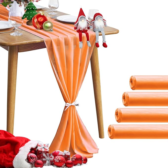 5 Pack 10Ft Chiffon Orange Table Runner Sheer 29x120 Inch for Romantic Wedding Decor Bridal & Baby Shower Birthday Rustic Party Decoration