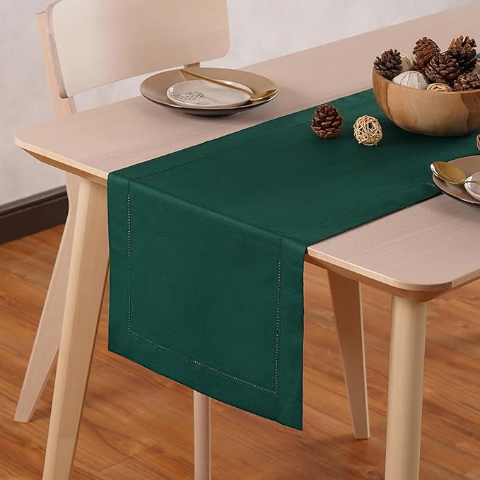 Green Table Runner 90 Inch – Cotton Linen Hemstitch Farmhouse Table Runner 14x90 – Washable Fabric for Dining Table, Spring, Summer, Wedding, Christmas, Everyday Décor – Serena