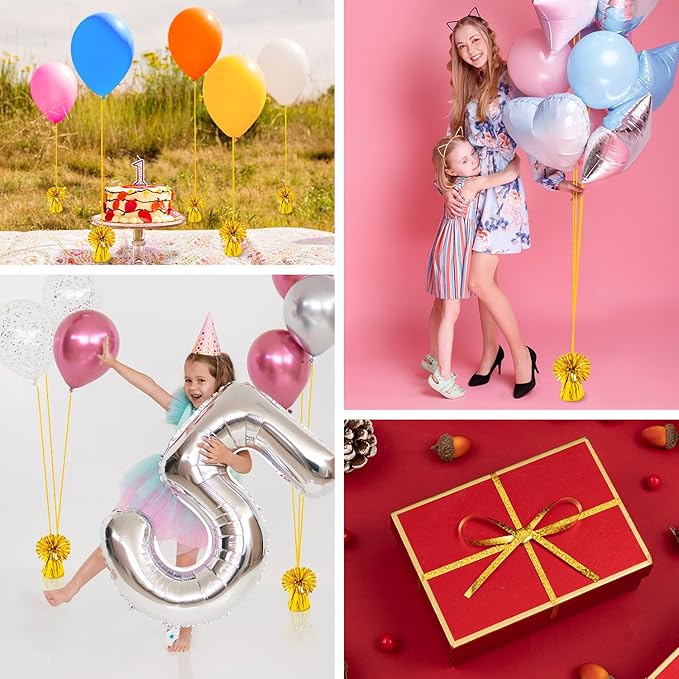 24 PCS Balloon Weights Metallic Anchor, Balloon Holder Heavy Weights with and 1 Roll Iridescent Crimped Ribbon for Balloons Table Party Favor Birthday Decor(Gold)
