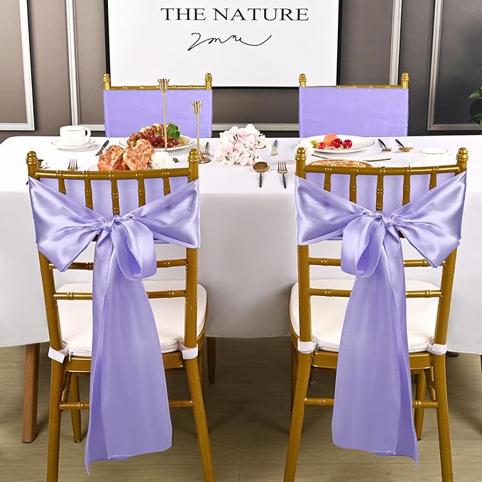 fani 60 PCS Lavender Purple Satin Chair Sashes Bows Universal Chair Cover for Wedding Reception Restaurant Event Decoration Banquet,Party,Hotel Event Decorations (7 x 108 inch)