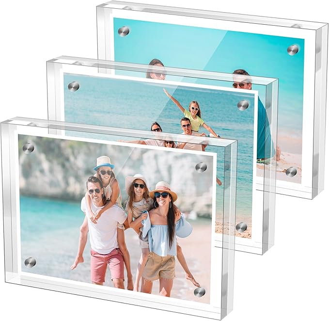 3.5x5 Inches Acrylic Picture Frame(3 Pack)，Clear Magnetic Picture Frame for Wedding，Double Sided Frameless Photo Frame for Desktop Free Standing， Display Stand Photo Frame