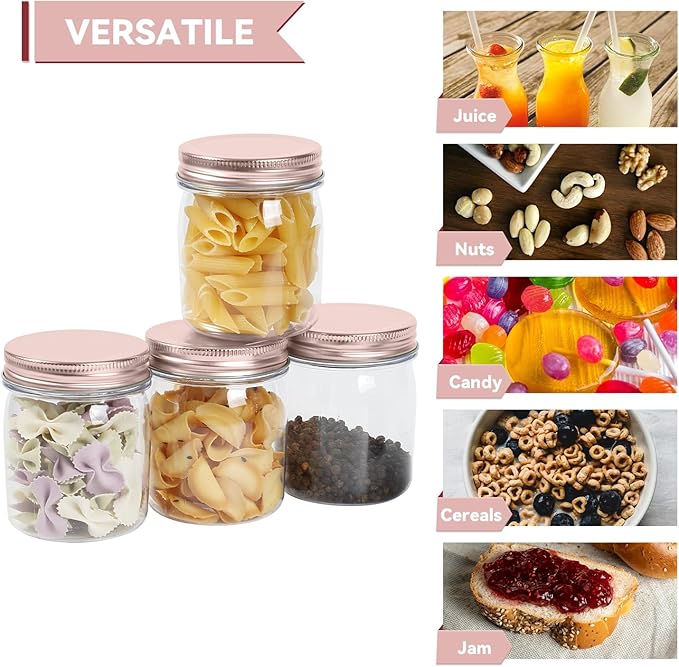 novelinks 8 oz Clear Plastic Jars with Screw-On Lids - BPA-Free Refillable Storage Containers for Slime, Spices, Crafts, Kitchen & Home Organization (32 Pack,Rose Gold)