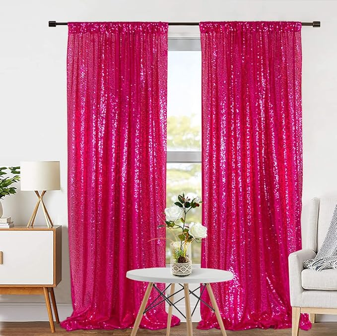 Eternal Beauty Hot Pink Sequin Backdrop Curtains, Shimmer Back Drop 4Panels-2FTx8FT for Christmas, Party, Birthday, Photography, Wedding, Baby Shower Event Decoration