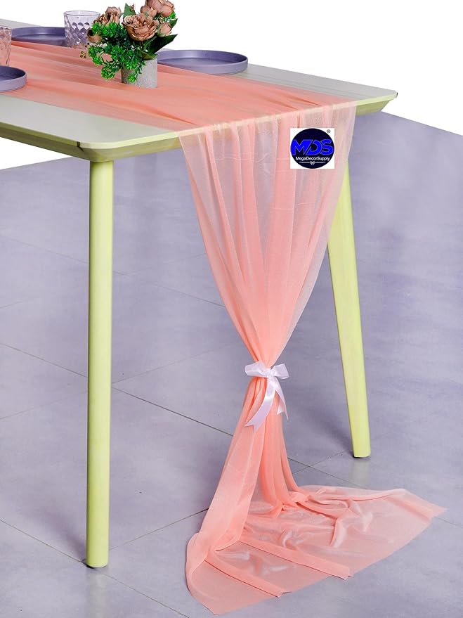 MDS Halloween Chiffon Table Runner - 1 Pack, 29 x 170 Inches, 14ft Each - Sheer Spooky Table Runners for Haunted House Parties, Trick-or-Treat Tables, Witchy Décor, Wedding & Events - Peach