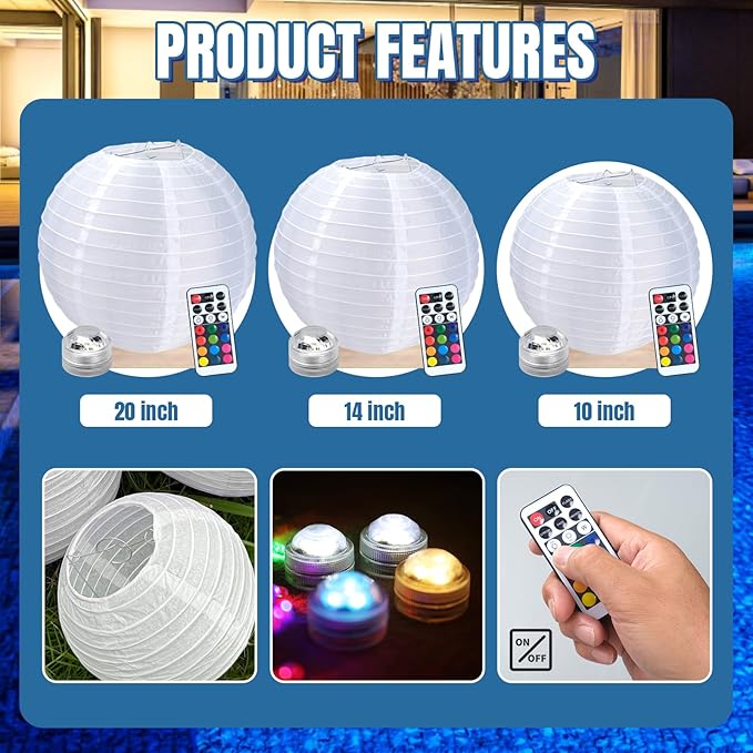 Floating Lanterns LED Pool Lights,IP68 Waterproof Pool Lights That Float ,13 Color Changes by Remote Control for Pool Decor,Outdoor Party,Wedding (2Pcs - 20 inches)