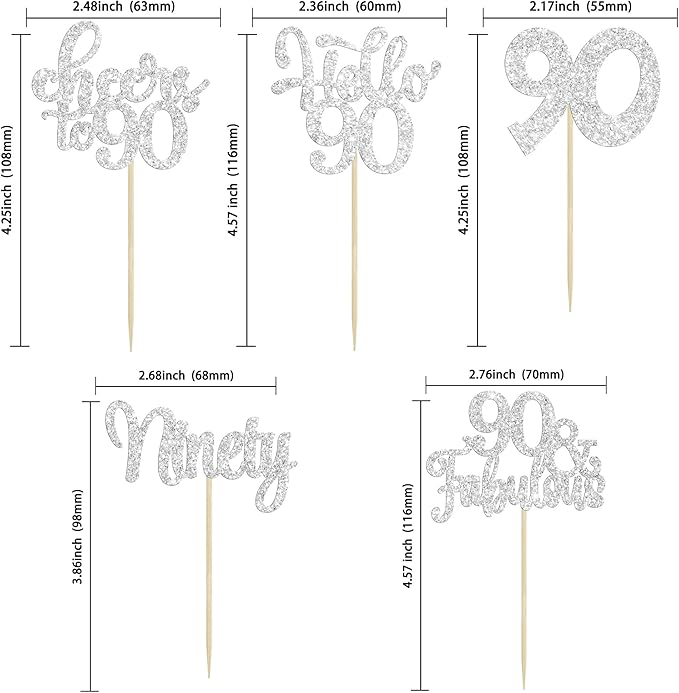 30pcs Happy 90th Birthday Cupcake Toppers - Silver Glitter Ninety Cheers to 90 Years Old Cupcake Picks for Anniversary Party Cake Decorations