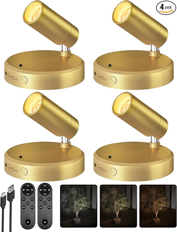 EZVALO LED Spotlight Indoor, 5500mAh Rechargeable Battery Uplighting Indoor, Wireless Mini Art Accent Spot Lights with Remote, for Plants Display Painting Dartboard Artwork Portrait Closet(4Pack-Gold)