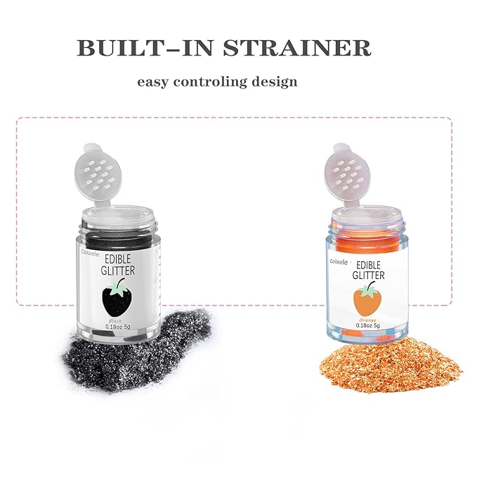 Orange Edible Glitter Black Glimmer Powder for Halloween Cakes Drinks, Colaele Edible Glitter Set Food Grade Luster Dust Metallic Food Decorating Sprinkle for Cake Cookies Decorations,Vegan, 5g/Jar