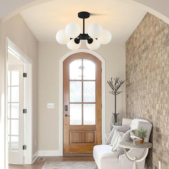 KCO Lighting 6 Lights Modern Semi Flush Mount Ceiling Light Fixture Glass Globe Sputnik Chandelier Ceiling Lighting Mid Century Black Close to Ceiling Light