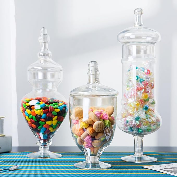 Set of 3 Apothecary Jar with lids, Glass Candy Container Set, Decorative Jars for Weddings & Party, Elegant Storage Candy Canister, Iridescent (H: 9", 12.5", 14"; 20 FL.OZ, 23 FL.OZ and 28 FL.OZ)