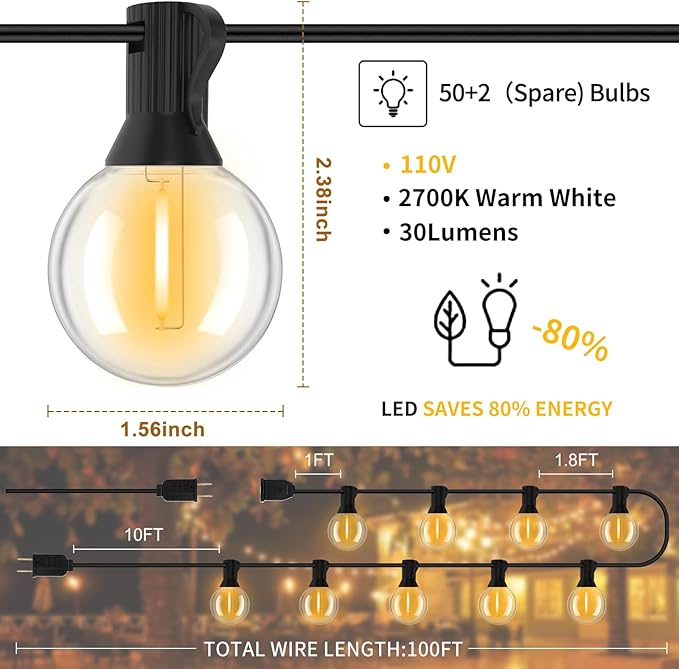 Outdoor String Lights 100FT, G40 LED Patio Lights with 52 Shatterproof Bulbs(2 Spare), All Weatherproof Hanging Lights for Outside Backyard Party Cafe Decor