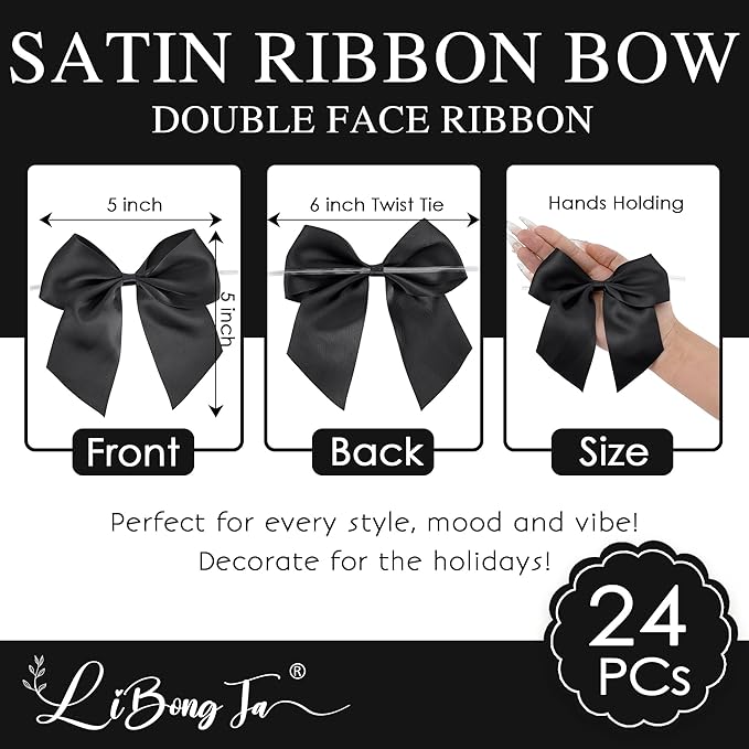 5'' Black Bow Party Decorations Satin Bows, Twist Tie Bows for Treat Bags, Cake Pops, Pre-Tied Bow Premade Ribbon Bows for Crafts, Holiday Bows for Gift Wrapping, Wedding Decor-24 Counts