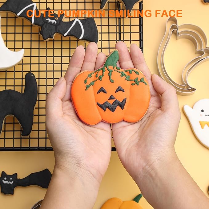 Halloween Cookie Cutters Set 12 Pcs, Stainless Steel Holiday Cookie Cutters Shape, 5.15” Bat, 3.54” Pumpkin, 3.34” Ghost, 3.5” Cat, Various Sizes Cute Cutters for Halloween Baking Party Decorations