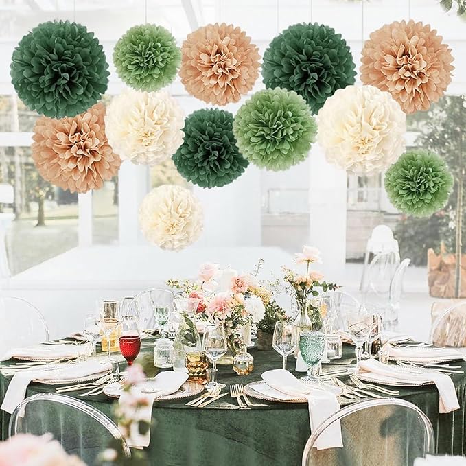 Capesaro Olive Sage Green 12PCS Paper Pom Poms Party Decorations for Natural Green Boho Safari Jungle Party,Hanging Tissue Paper Flowers for Engagement,Wedding,Baby Shower