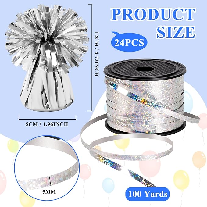 24 PCS Balloon Weights Metallic Anchor, Balloon Holder Heavy Weights with and 1 Roll Iridescent Crimped Ribbon for Balloons Table Party Favor Birthday Decor(Silver)