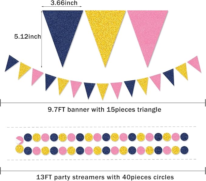 Gold Navy-Blue Pink Party Decorations - 23pcs Tissue Paper Flower Pom Poms Tassel Garland Pennant Banner Flags Streamers Birthday Baby Bridal Shower Engagement Bachelorette Wedding Gender Reveal Decor