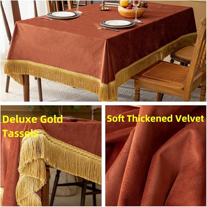 F-CHU Luxury Burnt Orange Tablecloth Thickset Velvet Tablecloth with Beautiful Gold Tassels Table Cloth for Home Decor Wedding, Party, Banquet and Events 60x70-Inch