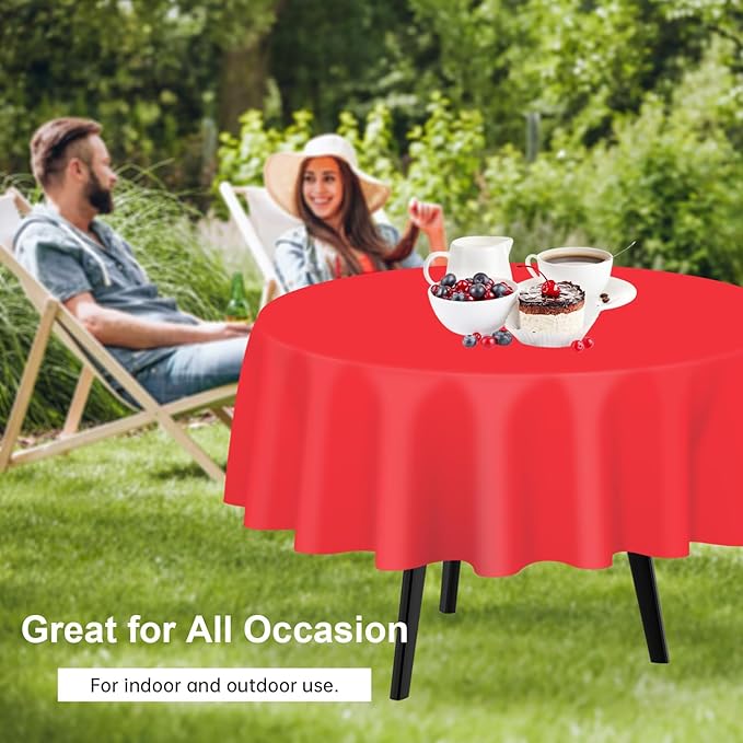QIKSION Red Round Tablecloth 3 Pack, 84 Inch Plastic Table Cover Disposable for Parties