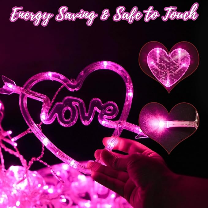 Valentines Day Decor, 138LED Love Heart Curtain Lights with Remote 8 Modes for Bedroom, USB and Battery Powered Valentines Lights for Wedding Birthday Anniversaries Party Decor (Pink)