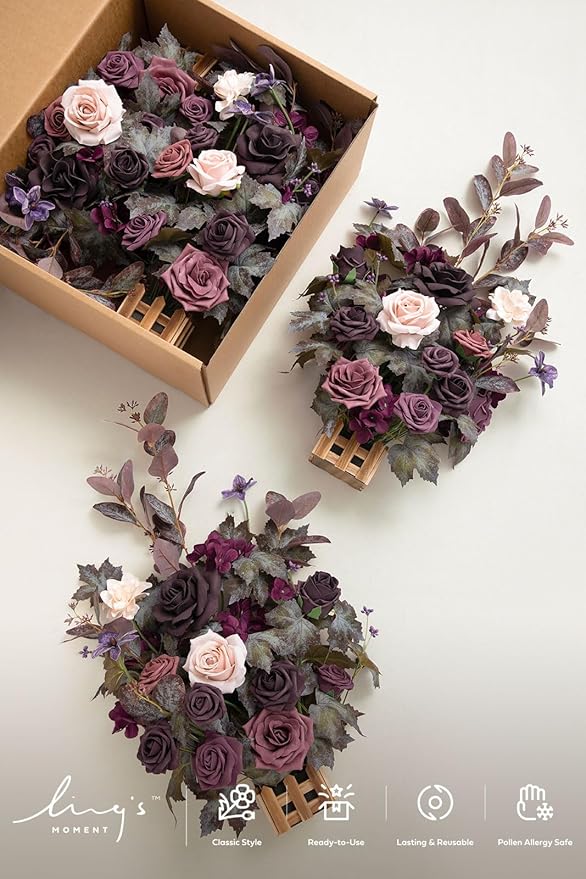 Ling's moment 17.5" Tall Standing Artificial Flowers Arrangements 4 pcs Fall Wedding Aisle Runner Chair Decorations Deep Plum Centerpieces for Ceremony Reception Rose Floral Party Outdoor