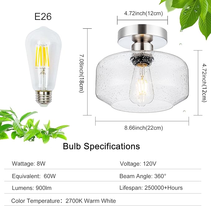 Semi Flush Mount Ceiling Light, Vintage Style - Clear Seeded Glass & Brushed Nickel with 900 Lumens LED Bulb Included, Suitable for Kitchen, Bathroom, Hallway, Bedroom, Entryway