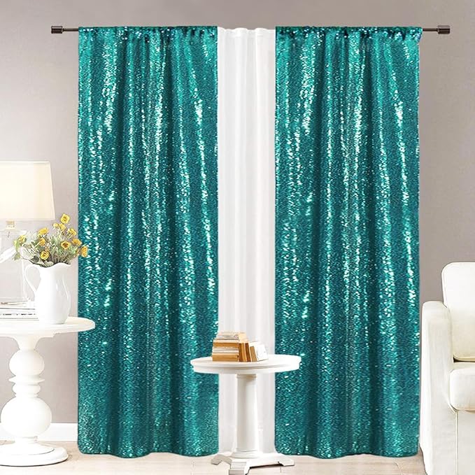 Eternal Beauty Teal Sequin Backdrop Curtains, Shimmer Back Drop 4Panels-2FTx8FT for Christmas, Party, Birthday, Photography, Wedding, Baby Shower Event Decoration