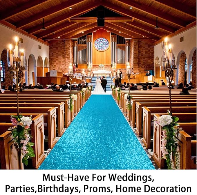 ShinyBeauty Sequin Aisle Runners 2Ft x 15Ft Turquoise Carpet Runner for Party Glitter Runner for Wedding N116