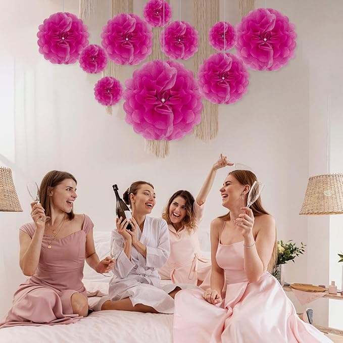 Tissue Paper Pom Poms, Fuchsia Tissue Paper Flowers, Hanging Flower Balls for Weddings Fiesta Parties Birthday Baby Showers Classroom Bridal Shower Decoration (20Piece Set-6/10/12/14Inch)