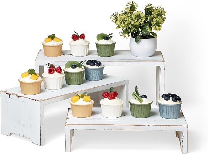 Set of 3 Wooden Rustic Cupcake Stand for 24 Cupcakes, Stepped Wood Display Stand for Weddings, Tiered Party Buffet Table Display Nesting Riser for Food , Dessert, Cookie, Craft Show, White