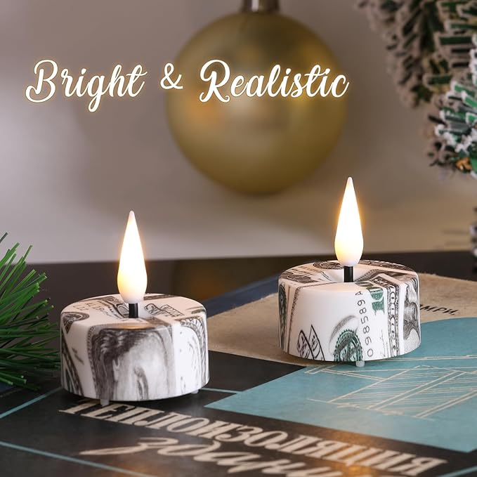 Eywamage Patriotic Flameless Tealights with Remote Batteries, Flickering US Dollar LED Tea Votive Candles Set of 12