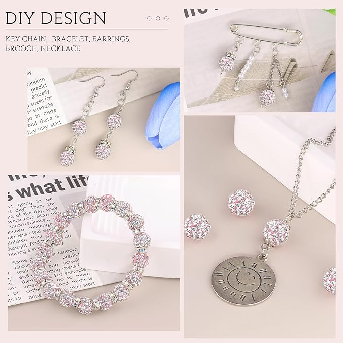 200pcs 10mm Pink White Rhinestone Beads for Jewelry Making, Shiny Round Shamballa Disco Ball Beads Bulk, Sparkle Crystal Clay Christmas for Bracelet Baseball Necklace Earring Crafting and DIY