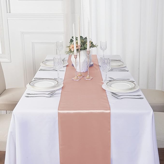 24Pack Table Runner 12 x 108 Inches Satin Silk Table Runner for Wedding, Birthday Party, Banquets, Graduations Decoration, fit Rectange and Round Table-Rose Gold