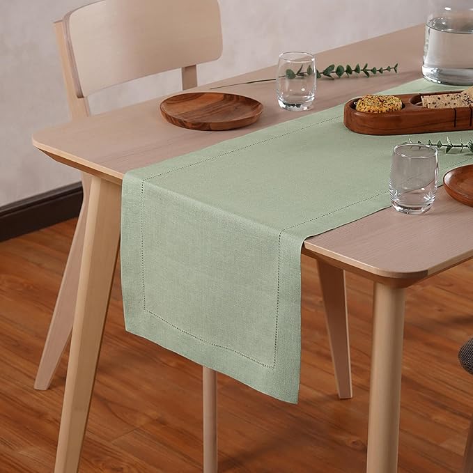 Linen Table Runner 14 x 120 Inch Long - 100% Pure Linen Christmas Sage Green Table Runner - Cloth Fabric Hemstitch Runner for Thanksgiving, Christmas, Winter, New Year - Elara