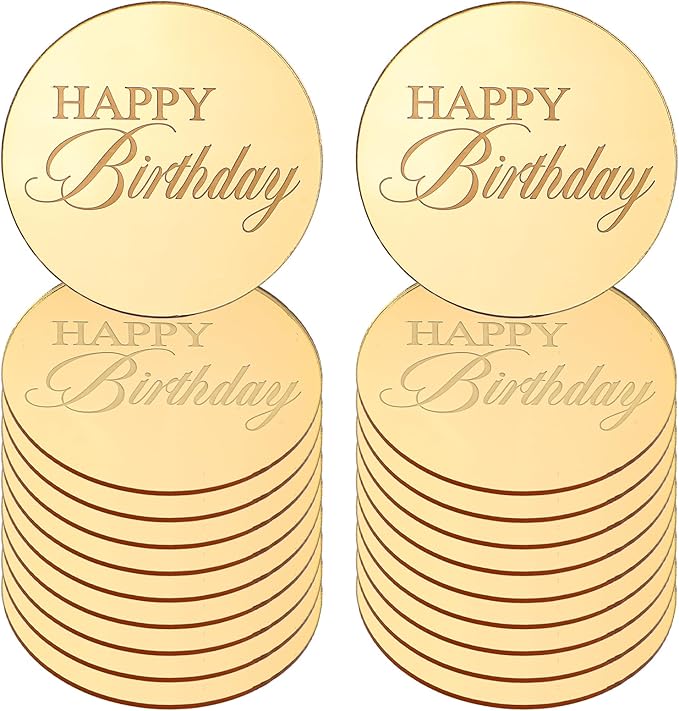 Mirror Round Cupcake Toppers Acrylic Circle Happy Birthday Cupcake Toppers, 20PCS Happy Birthday Cake Decorations, Round Engraved Cake Picks, Reusable Party Supplies, Gold