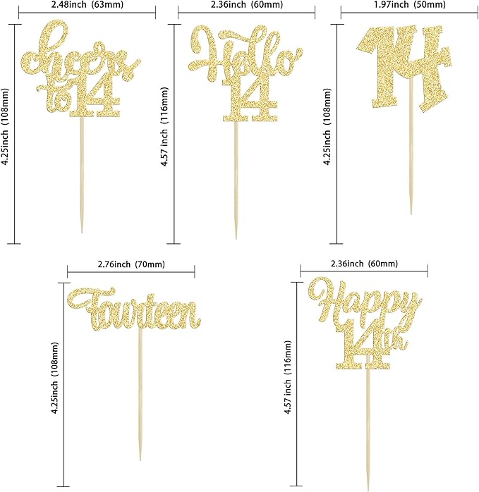 30Pcs 14th Birthday Cupcake Toppers Hello 14 Cupcake Picks Fourteen Cheers to 14 Years Old Cake Decorations for 14th Birthday Anniversary Party Supplies Gold Glitter