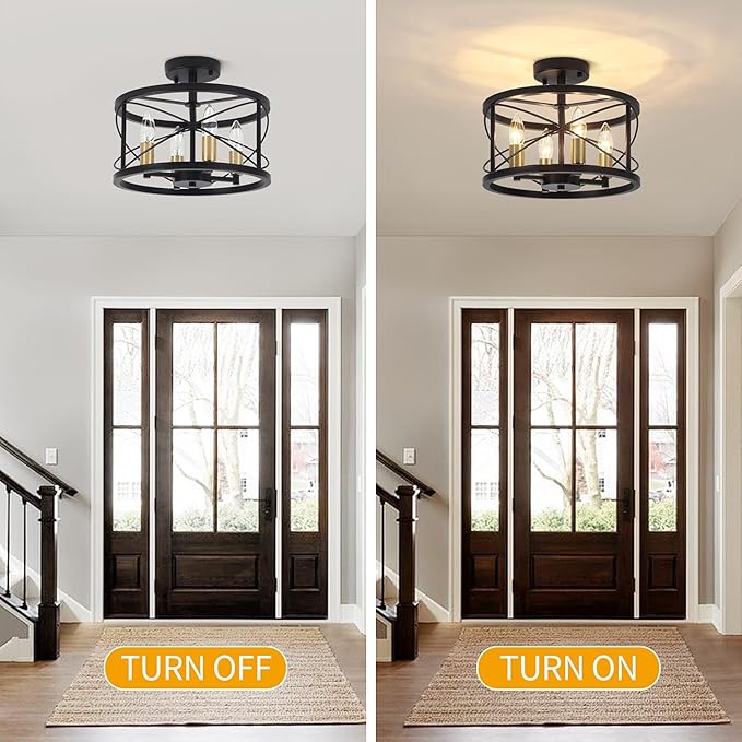 Black and Brushed Gold Semi Flush Mount Ceiling Light, Farmhouse Modern Light Fixture, Hallway Light Fixtures, 4-Light Ceiling Lamp for Kitchen, Entryway, Laundry Room, Bedroom Lighting, UL Listed