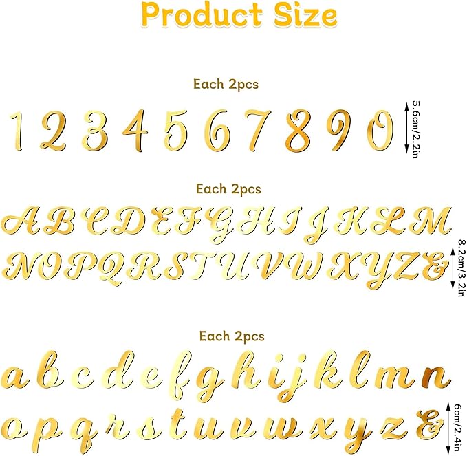 126pcs Acrylic Alphanumeric Cake Decoration, Mirror Number 0-9 and Alphabet A-Z Personalized Cake Picks Shiny Personalized Cake Topper for Birthday Cake Toppers Wedding Baby Shower(GoldSilver)