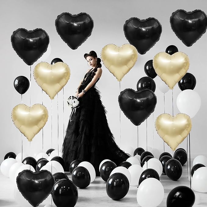 Black Gold Heart Balloons,12Pcs 18Inch Black Champagne Gold Heart Shaped Foil Helium Balloons for Baby Shower Birthday Anniversary Wedding Engagement Party Decorations